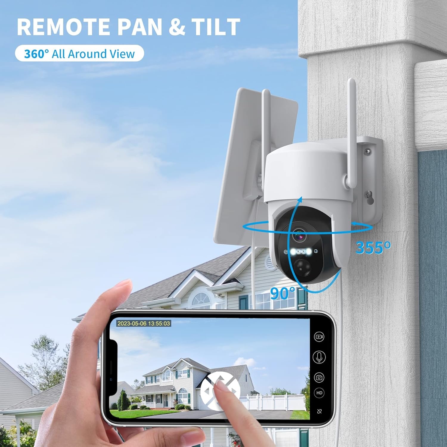 Solar Security Camera, Wireless Outdoor Cameras with Smart App, Color Night Vision, 360° PTZ Wifi Camera, IP65 Waterproof, AI Detection, 2-Way Talk, 3.5W Solar Powered Panel