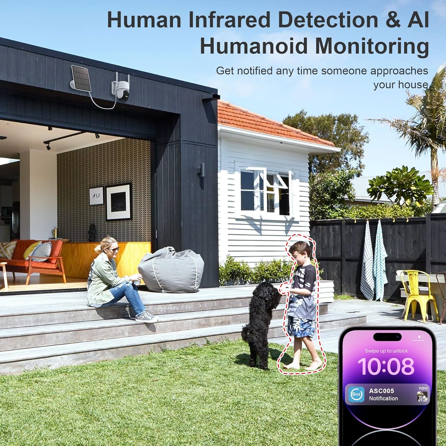 Solar Security Camera, Wireless Outdoor Cameras with Smart App, Color Night Vision, 360° PTZ Wifi Camera, IP65 Waterproof, AI Detection, 2-Way Talk, 3.5W Solar Powered Panel