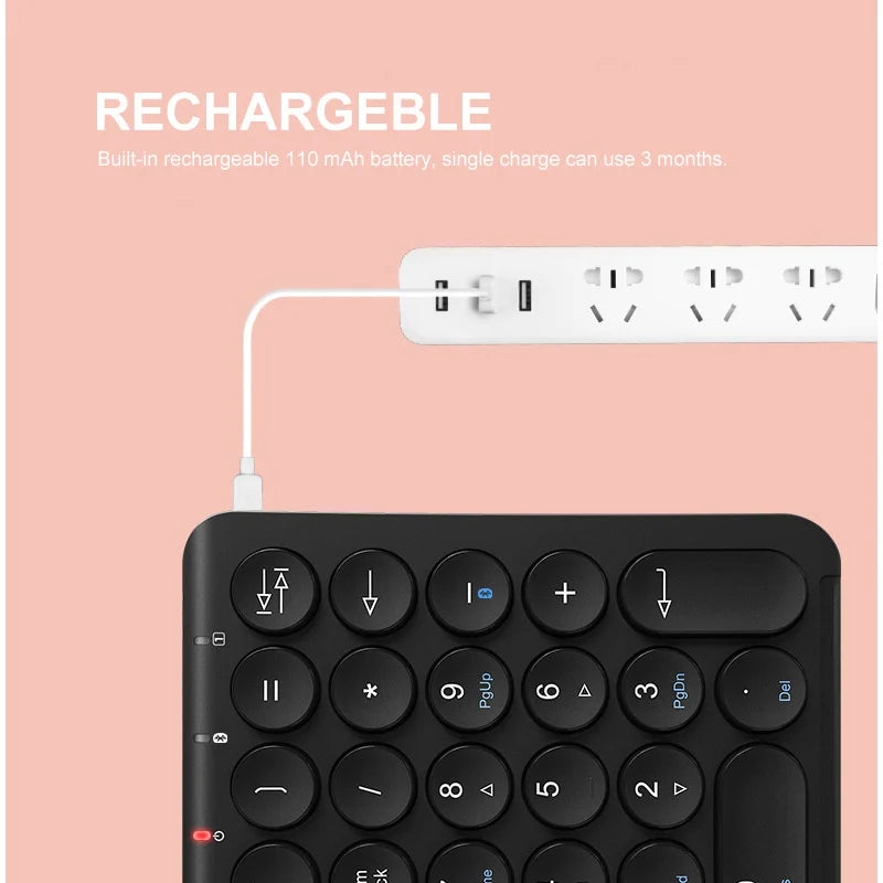 BOW 22 Keys Wireless Number Pad Rechargeable Bluetooth Numeric Keypad round Keycaps Numpad Number Keyboard for Laptop Ipad