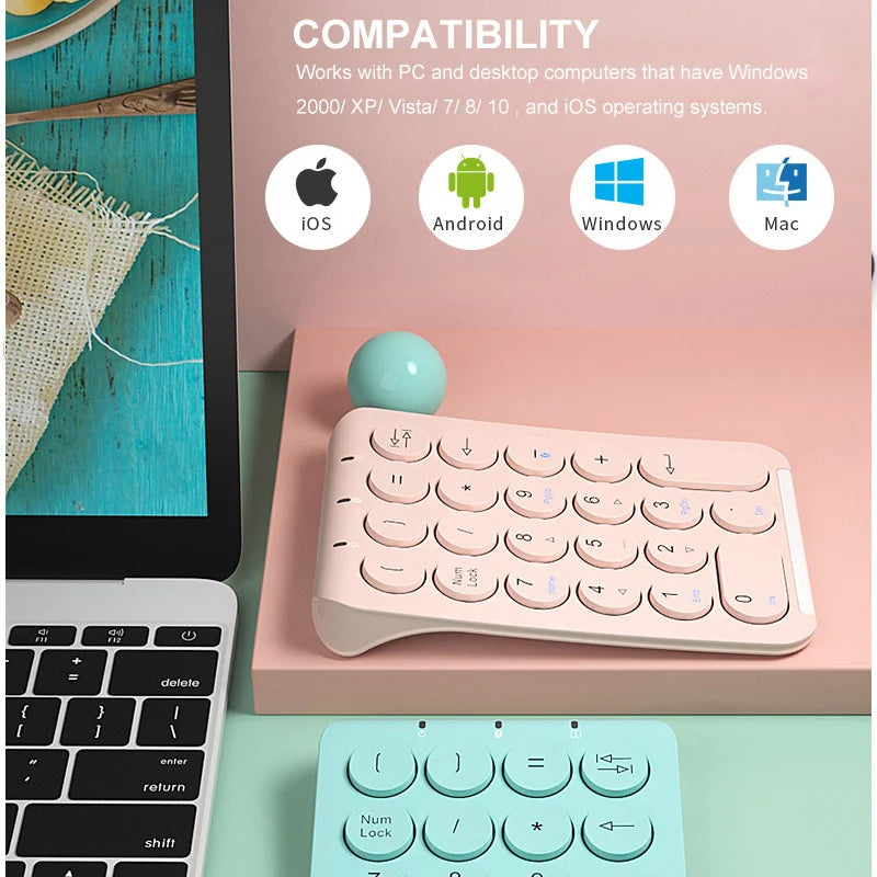 BOW 22 Keys Wireless Number Pad Rechargeable Bluetooth Numeric Keypad round Keycaps Numpad Number Keyboard for Laptop Ipad